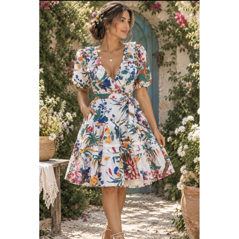 Anthropologie women’s Love The Label Remy XS Wrap Dress tropical floral white